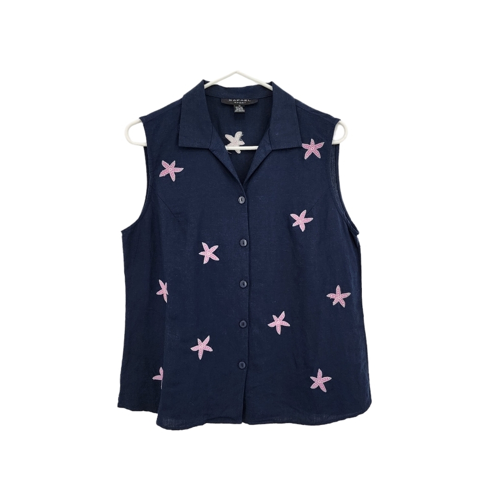 Rafael Sport Women's Linen Blend Button Front Sleeveless Shirt Summer Beach - M